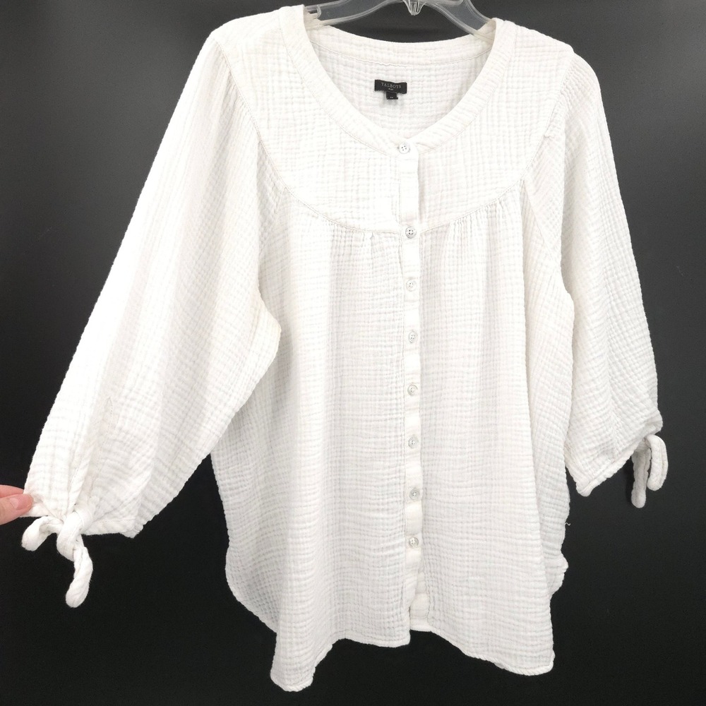 Talbots Double Gauze Blouse Women 1X White Cotton Tie Cuff Button Front Top